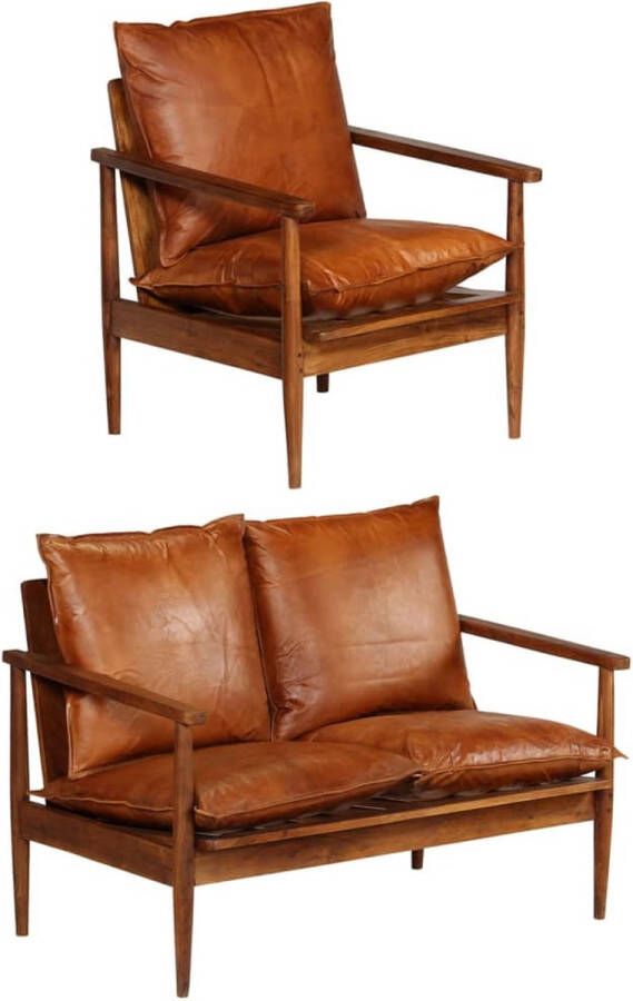 The Living Store Bankstel Aurora 2-zitsbank en fauteuil Bruin echt leer Acaciahout Vintage