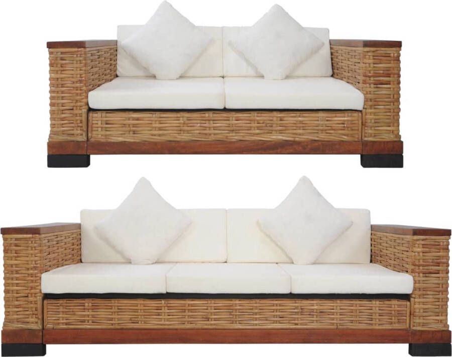 The Living Store Rattan Bankstelset Bruin Crèmewit 2-zitsbank- 155x78x66cm 3-zitsbank- 191x78x66cm - Foto 2