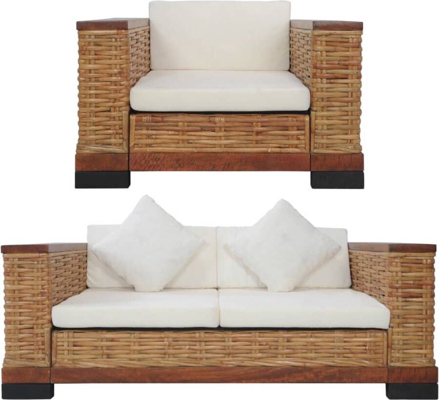 The Living Store Rattan Bankstelset Bruin Crèmewit Natuurlijk Rattan en Massief Mangohout Fauteuil 94x78x66cm 2-zitsbank 155x78x66cm 3-zitsbank 191x78x66cm - Foto 3