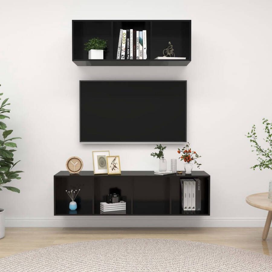 The Living Store tv-meubelset hoogglans zwart spaanplaat 37 x 37 x 107 cm en 37 x 37 x 142.5 cm - Foto 2