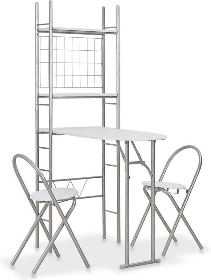 The Living Store 3-delige Eethoek inklapbaar met opbergrek MDF en staal wit Barset Eettafel Eetkamerset Bistrotafel Klapstoel - Foto 2