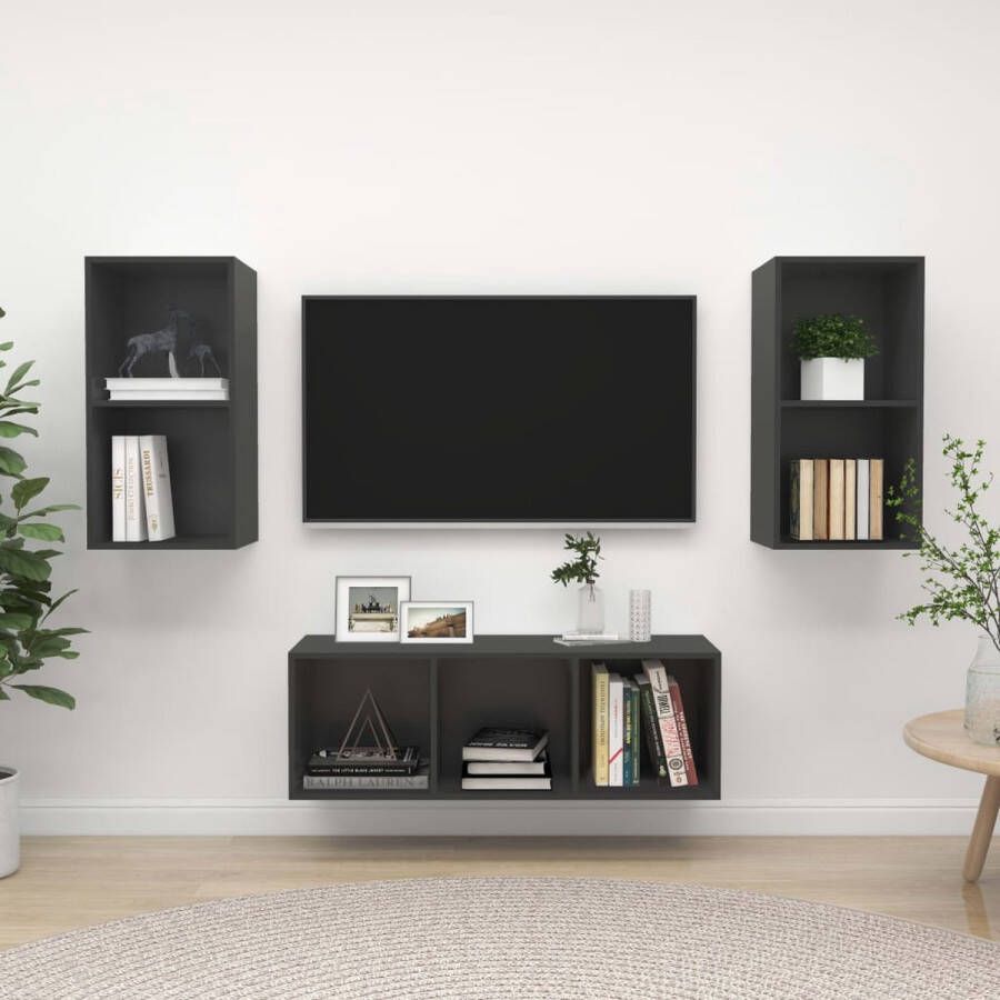 The Living Store TV-meubelset grijs spaanplaat 3-delig 37 x 37 x 72 cm 37 x 37 x 107 cm montage vereist - Foto 2