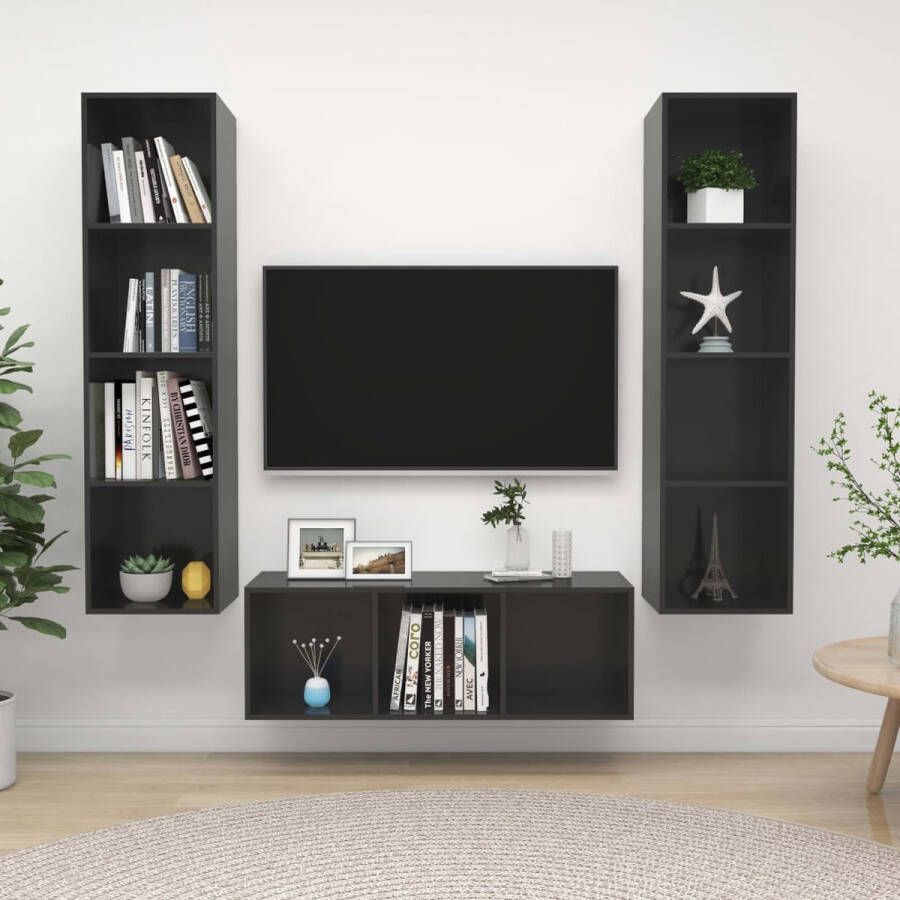 The Living Store TV-meubelset Hoogglans grijs Spaanplaat 1x 37x37x107 cm 2x 37x37x142.5 cm - Foto 2