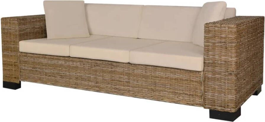 The Living Store Rattan Driezitsbank 200 x 80 x 61 cm Natuurlijk rattan Crèmewit linnen kussens - Foto 3