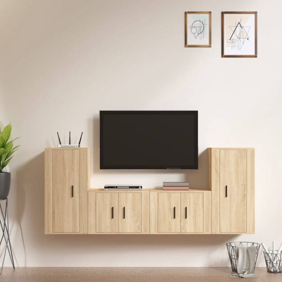 The Living Store 4-delige Tv-meubelset bewerkt hout sonoma eikenkleurig Kast - Foto 2