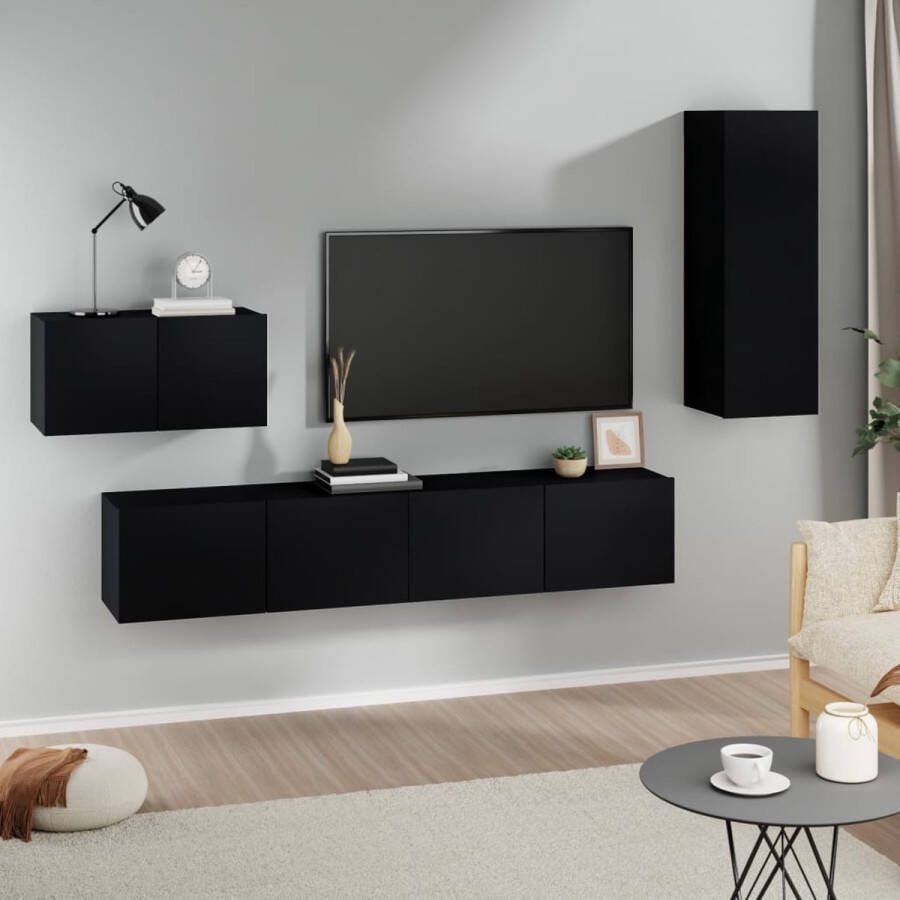 The Living Store Tv-kastenset Klassiek ontwerp Bewerkt hout Voldoende opbergruimte Wandgemonteerd Praktische deuren Kleur- zwart - Foto 2