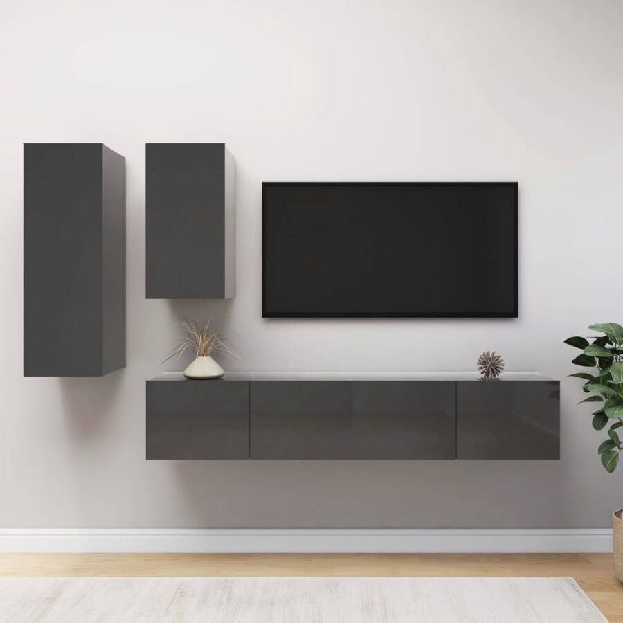 The Living Store Hangende tv-kastenset hoogglans grijs spaanplaat 1x 30.5x30x90cm 1x 30.5x30x60cm 2x 80x30x30cm - Foto 2