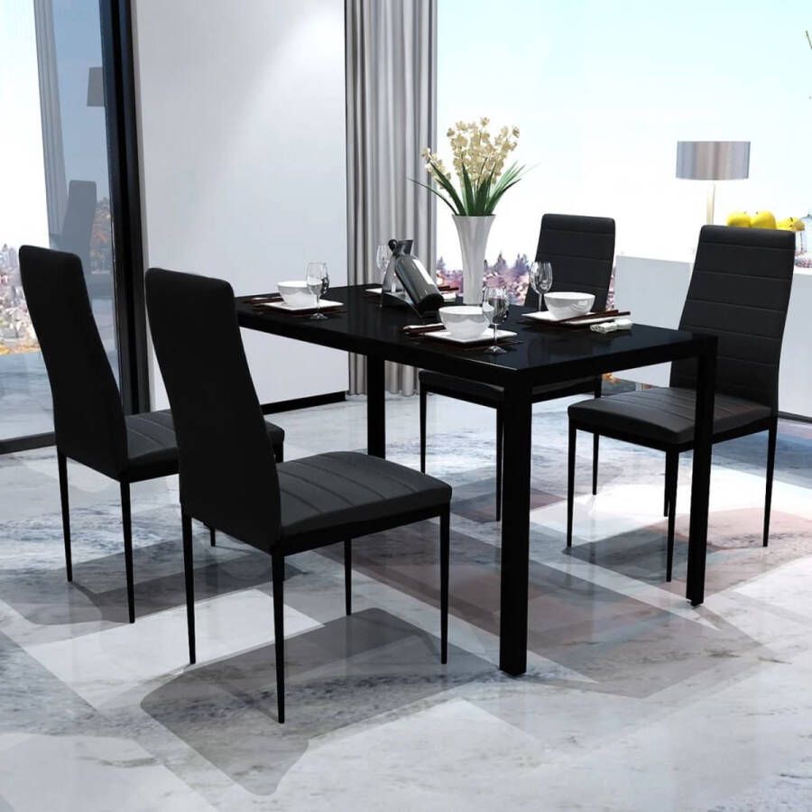 The Living Store 5-delige Eethoek zwart Set tafel en stoelen