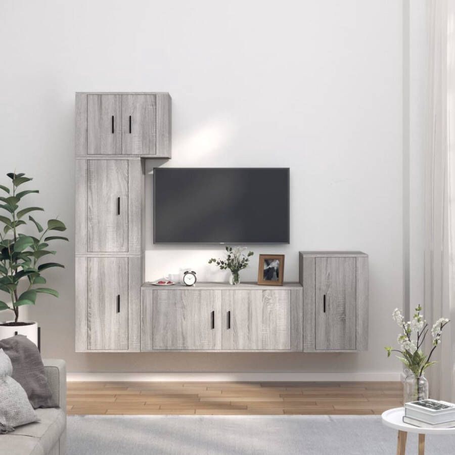 The Living Store Televisiekastenset Graceful Grey Sonoma Eiken Wandgemonteerd 5-delige set Televisiesectie Tv Kast Salontafel Houten Meubel Grijze Meubels - Foto 3