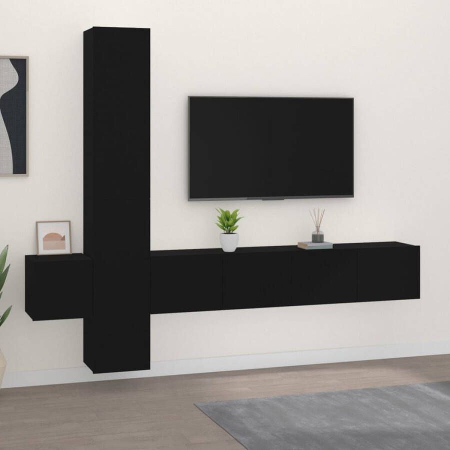 The Living Store TV meubelset Klassiek ontwerp Wandgemonteerd Zwart Bewerkt hout 5-delig - Foto 2