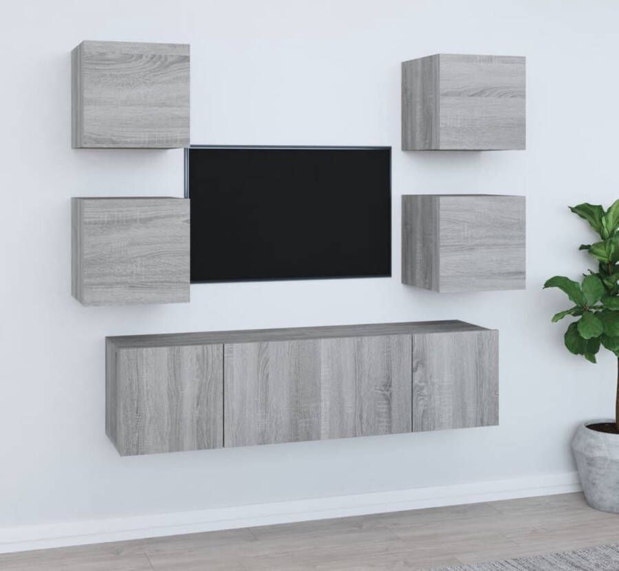 The Living Store 6-delige Tv-meubelset bewerkt hout grijs sonoma eikenkleurig Kast - Foto 2