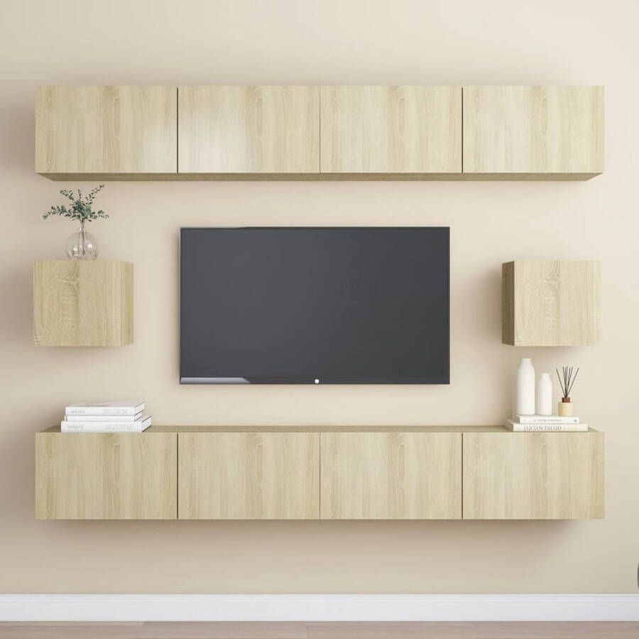 The Living Store TV-meubelset Sonoma Eiken 4x 100x30x30 cm + 2x 30.5x30x30 cm Bevestiging aan muur Stereokasten Spaanplaat Montage vereist - Foto 2