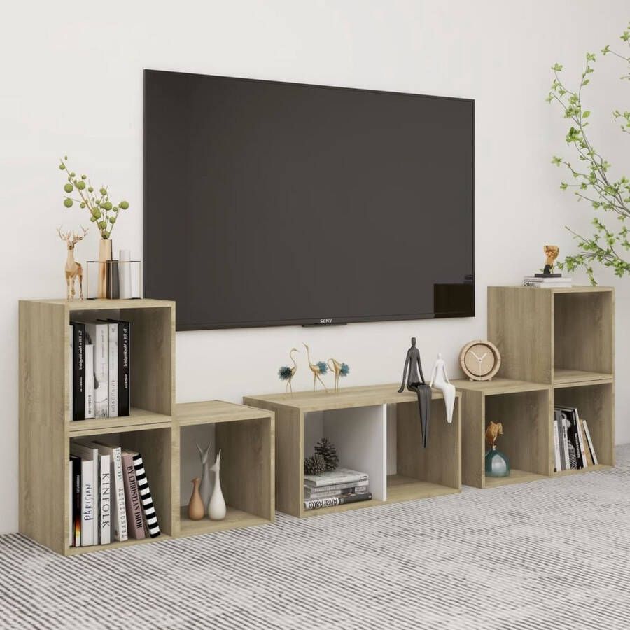 The Living Store TV-meubelset Sonoma Eiken 4x 37x35x37cm 2x 72x35x36.5cm wit hifi-kastenset - Foto 2