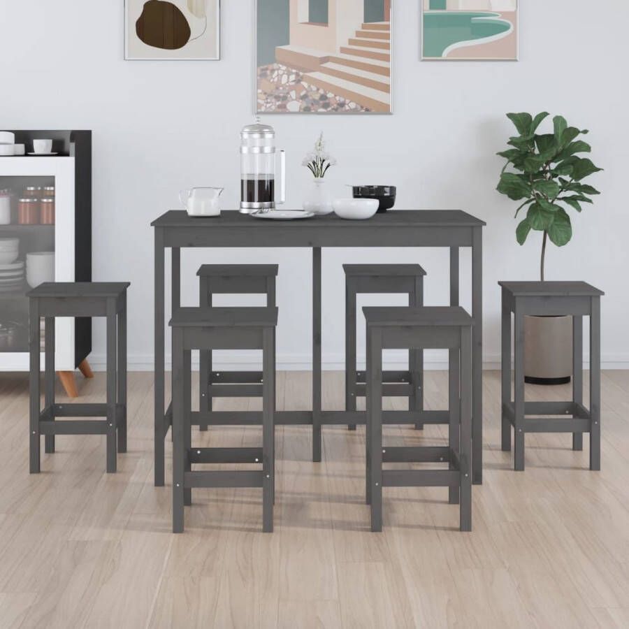 The Living Store 7-delige Barset massief grenenhout grijs Set tafel en stoelen