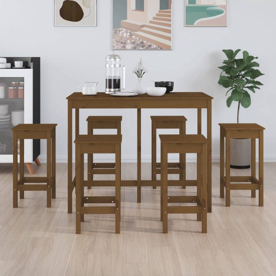 The Living Store 7-delige Barset massief grenenhout honingbruin Set tafel en stoelen