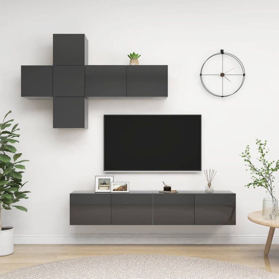 The Living Store 7-delige Tv-meubelset spaanplaat hoogglans grijs Kast - Foto 2