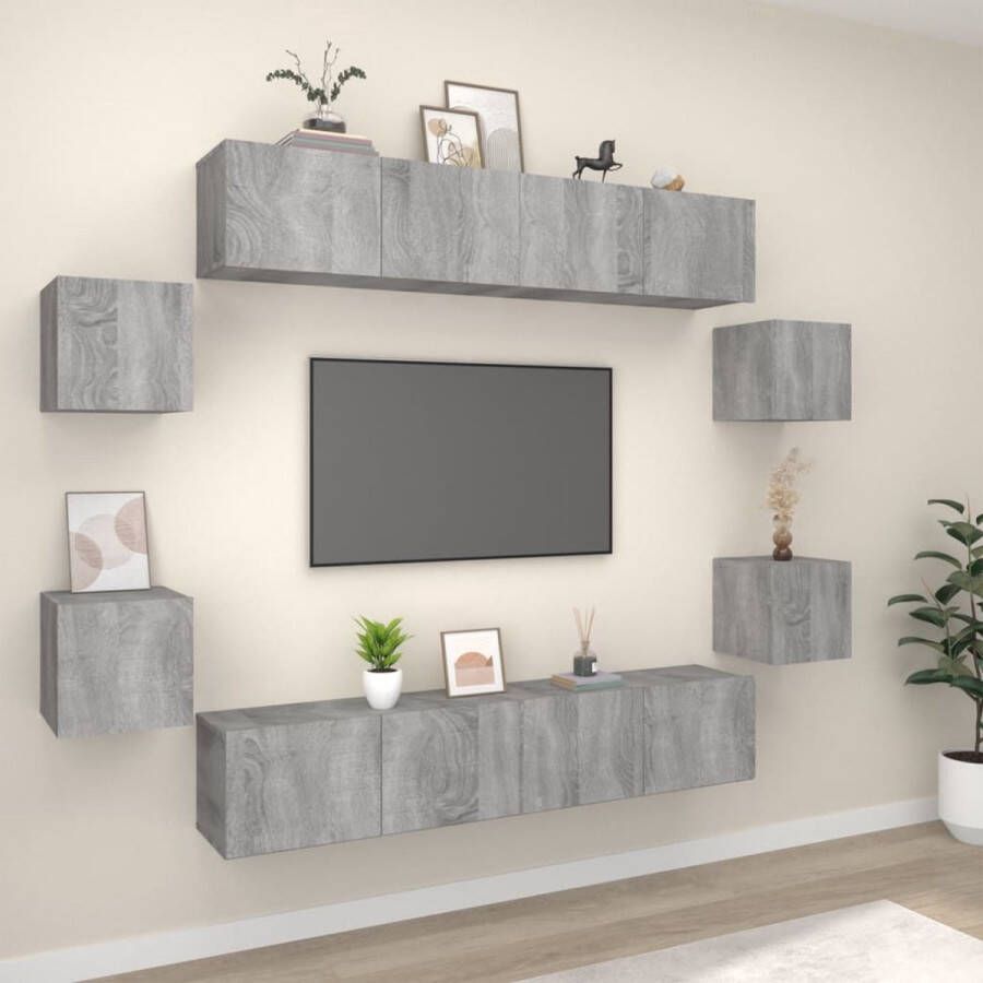 The Living Store 8-delige Tv-meubelset bewerkt hout grijs sonoma eikenkleurig Kast - Foto 2