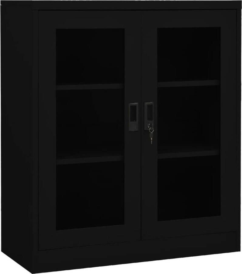 The Living Store Archiefkast 90 x 40 x 105 cm Staal Gehard glas Zwart Met 2 deuren en verstelbare schappen - Foto 2