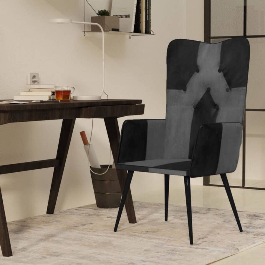 The Living Store Armstoel Hoogwaardig Fauteuil Afmeting- 55 x 41 x 97 Kleur- Zwart en grijs Materiaal- Echt leer canvas en gepoedercoat ijzer - Foto 2