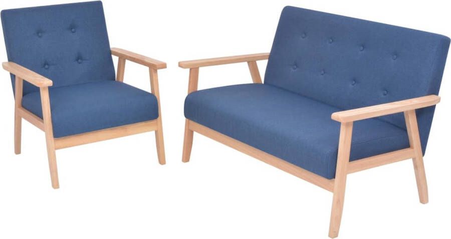 The Living Store Bankenset Comfort Fauteuil en 2-zitsbank Blauw Houten frame Polyester bekleding - Foto 2