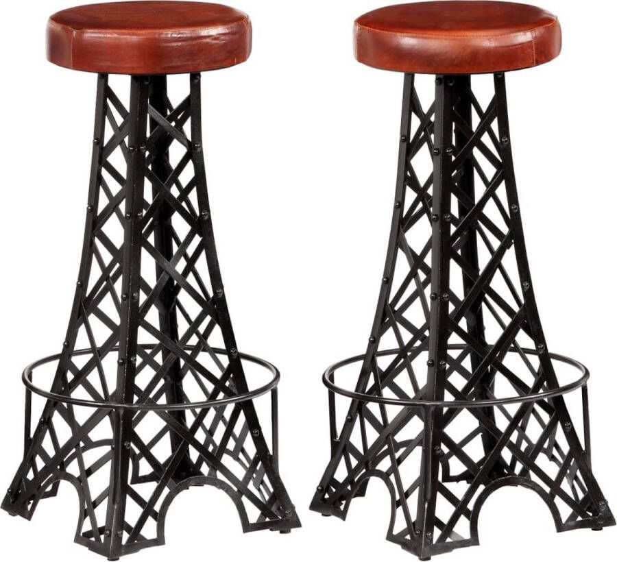 The Living Store Barkrukken Echt leer Eiffeltoren design set van 2 Bruin Zwart 40x40x76 cm - Foto 2