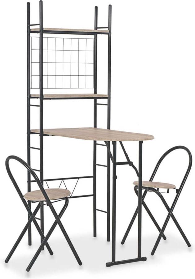 The Living Store Barset Dolore Houten Stalen 3-delige Barset 90x56x165 cm Opbergrek Barset Eettafel Eetkamerset Houten Tafel Metalen Tafel