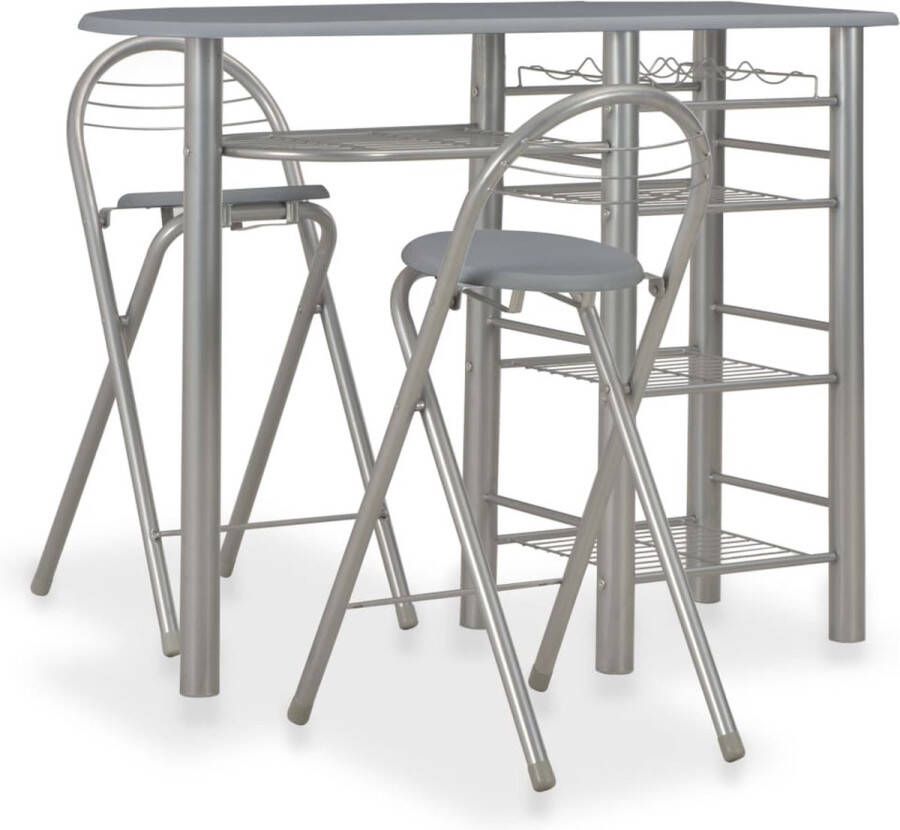 The Living Store Barset Vierdeurs Hout Staal Grijs Zilver 117x40x85 cm 2 Stoelen 110 kg draagvermogen Bartafel Eetkamerset Houten Barstoel Metalen Barstoel Grijs Meubilair