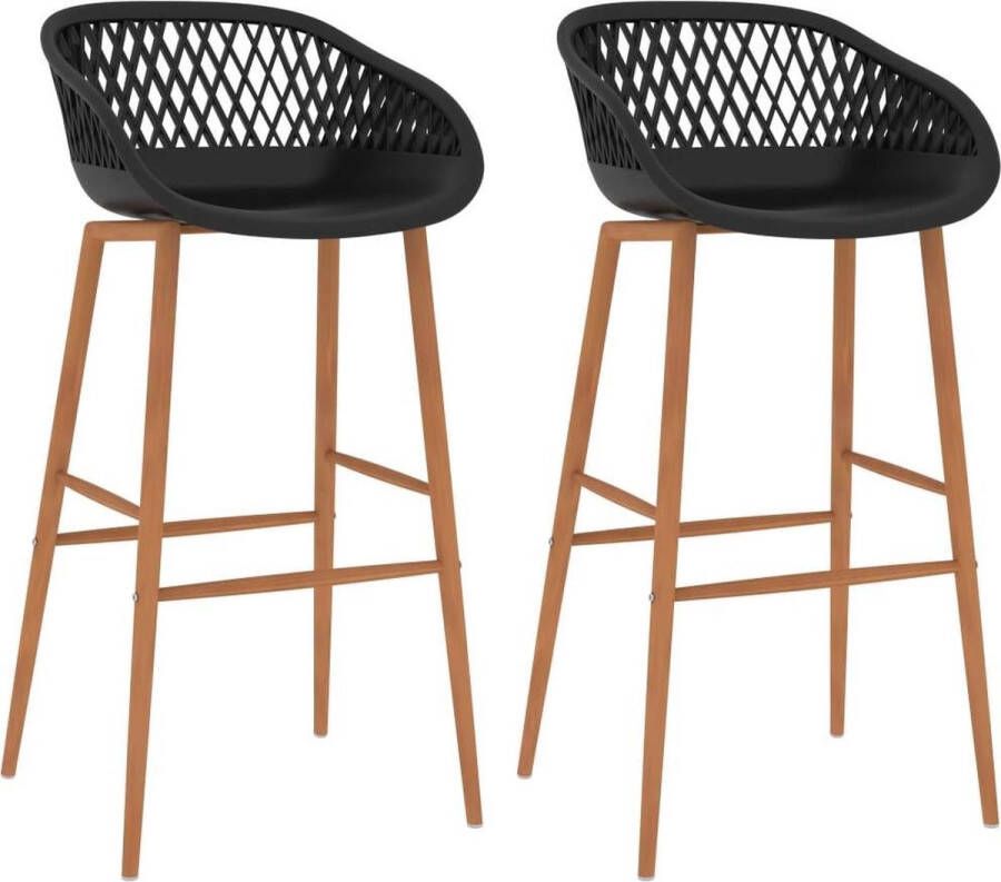 The Living Store Barstoelen Set van 2 PP en metaal 48 x 47.5 x 95.5 cm zwart Lage rugleuning met mesh-look Poten met hout-look - Foto 2