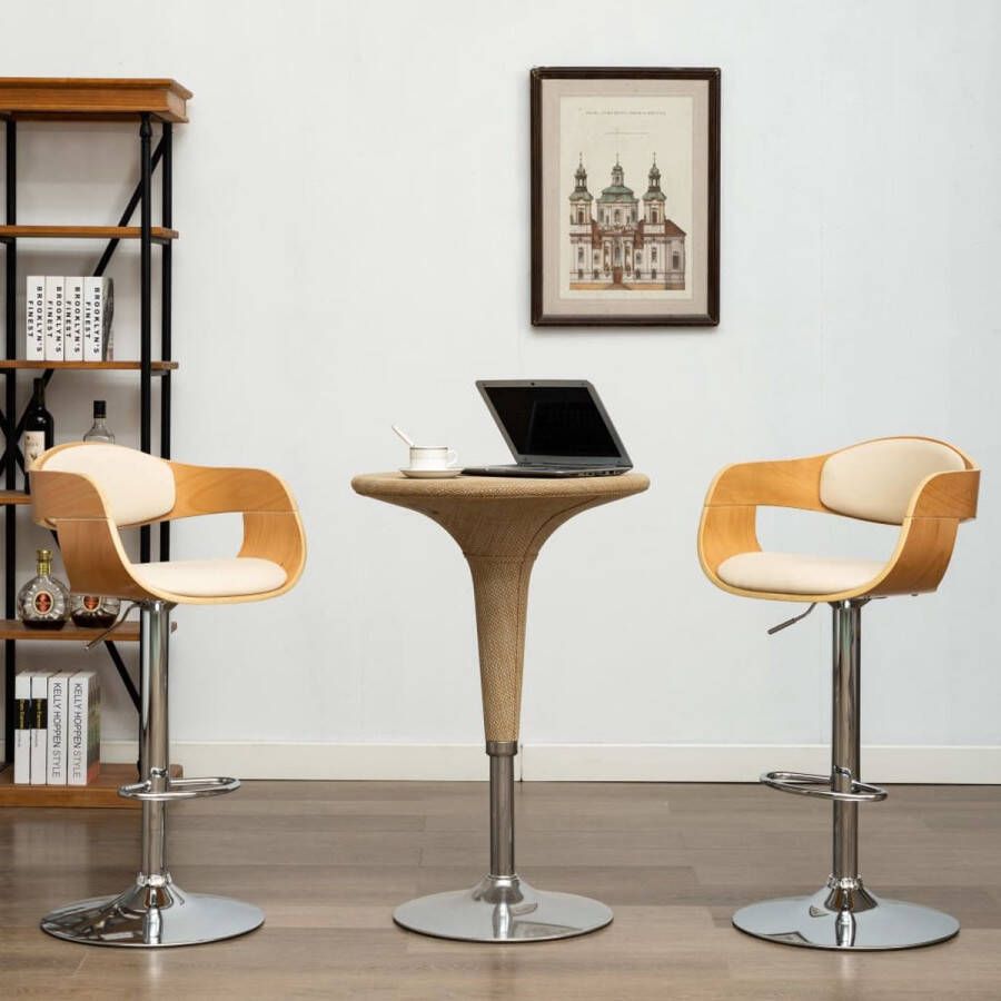 The Living Store Barstoel Set van 2 49.5x50.5x(87-108)cm Crème en bruin Gebogen hout en verchroomd metaal Kunstleer - Foto 3