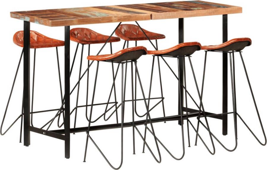 The Living Store Bartafelset Meerkleurig massief gerecycled hout en staal 150 x 70 x 107 cm Echt geitenleer 6 leren stoelen Bartafel Houten Bartafel Industriele Meubels Vintage Meubels Geitenleer - Foto 3