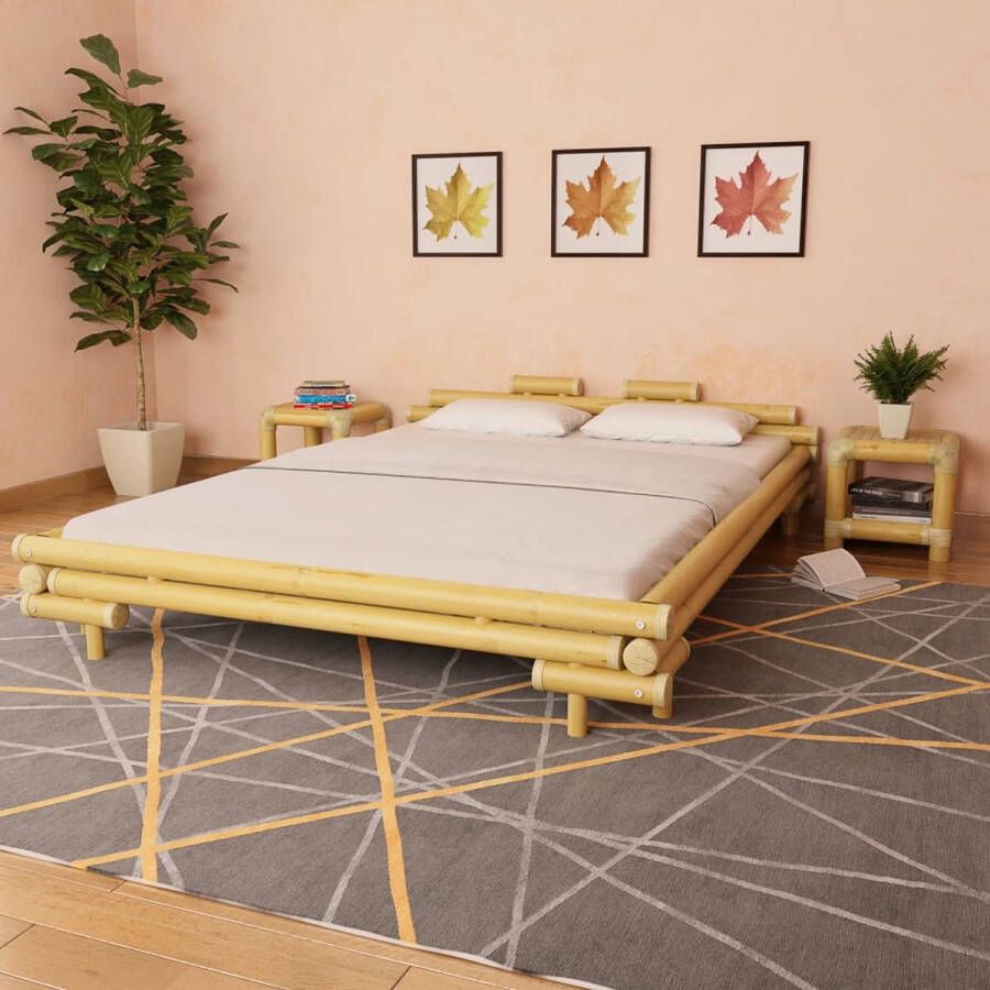 The Living Store Bed Bamboe Natuurlijk Rattan 221 x 181 x 58 cm Matras 200 x 160 cm Inclusief Lattenbodem