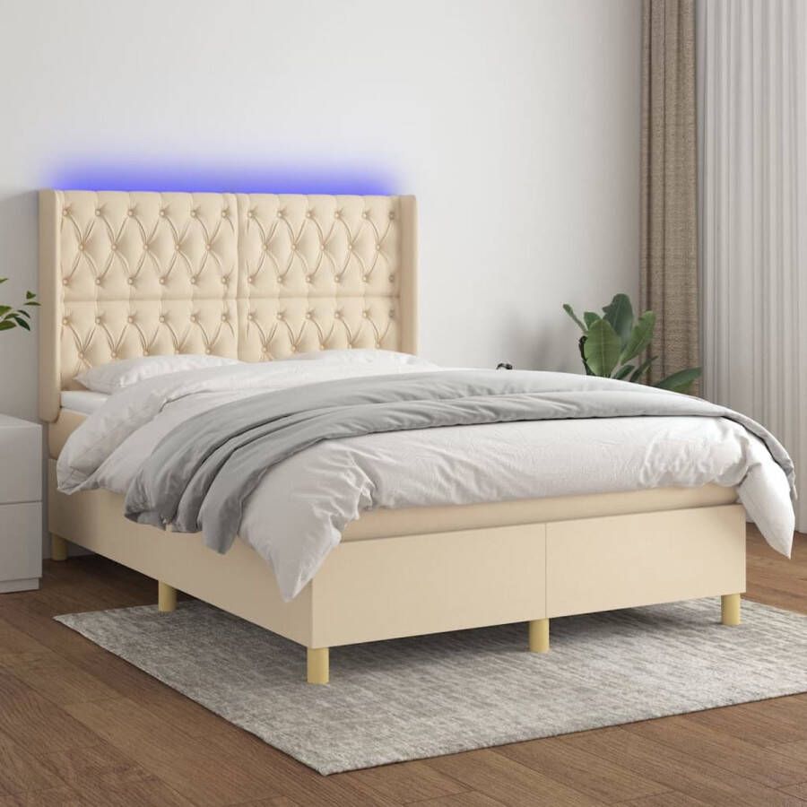 The Living Store Bed Banco Boxspring Crème 193x147x118 128 cm LED verlichting Boxspring Led Bed Hoofdbord Pocketed Spring Mattress Creme Bed