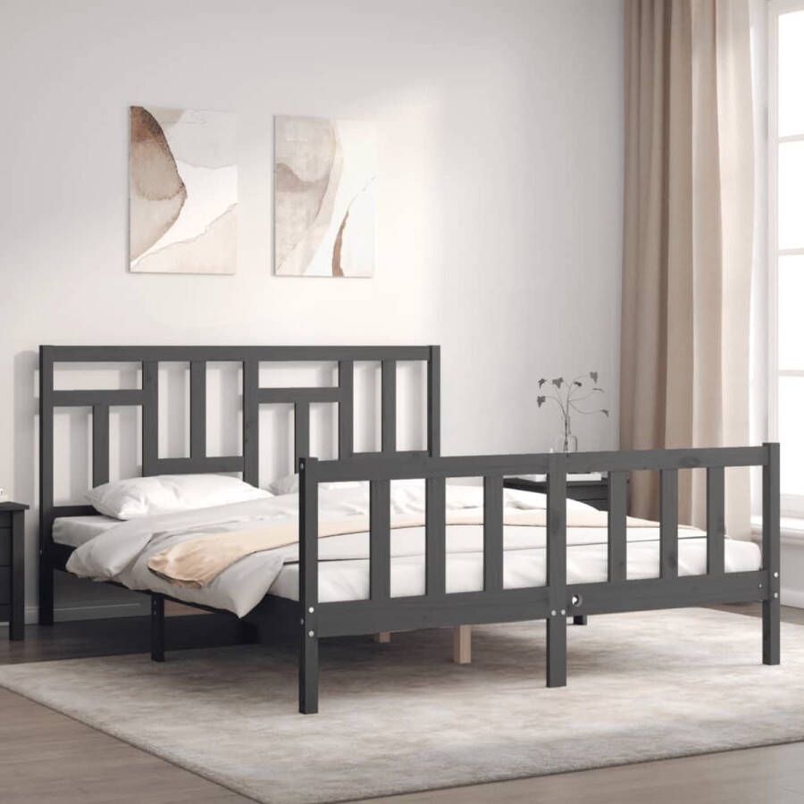 The Living Store Bedframe met hoofdbord massief hout grijs 5 FT King Size Bedframe Bedframes Bed Tweepersoonsbed Slaapkamermeubel Houten Bedframe Houten Bed Bedbodem Massief Houten Bedframe Ledikant Bedframe Met Hoofdeinde - Foto 4