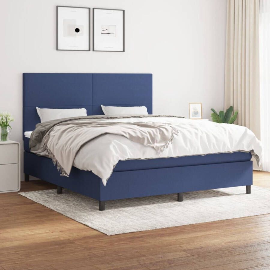 The Living Store Bed Blauw Boxspring 203 x 160 x 118 128 cm Pocketvering Matras Middelharde Ondersteuning Huidvriendelijk Topmatras