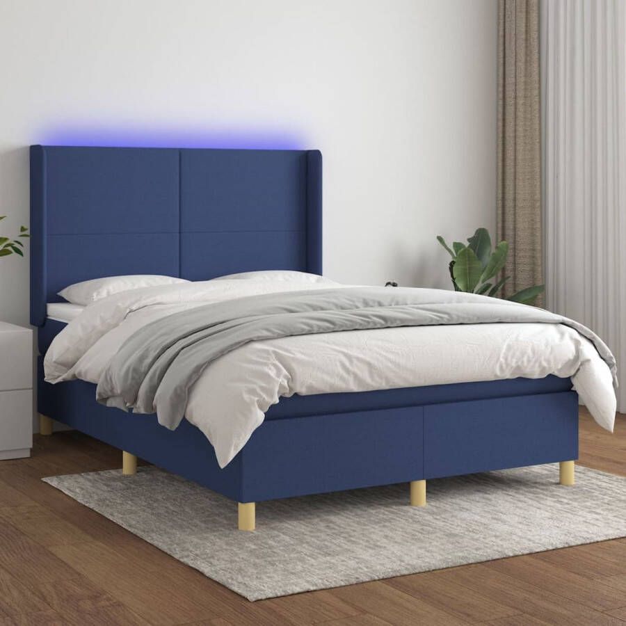 The Living Store Bed Blauw Stof 100% polyester Afmetingen 203 x 147 x 118 128 cm LED-verlichting Pocketvering matras Huidvriendelijk topmatras Inclusief montagehandleiding