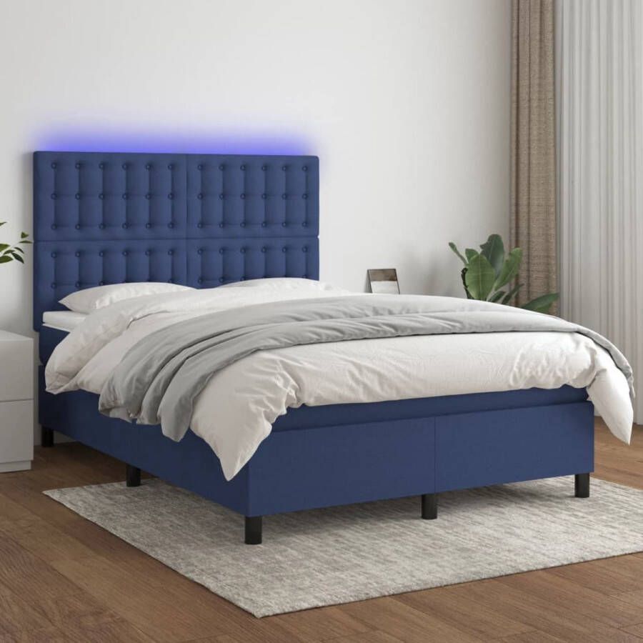 The Living Store Bed Blue Pocket Spring Mattress LED Lights 140x200cm Boxspring Led Bed Tweepersoonsbed Blue Bed King Size Bed