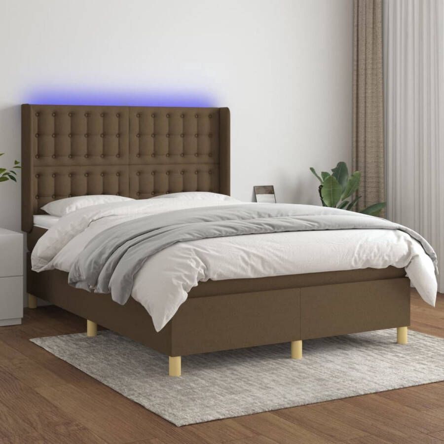 The Living Store Bed Boxspring 140x190 cm LED Donkerbruin Pocketvering matras Huidvriendelijk topmatras