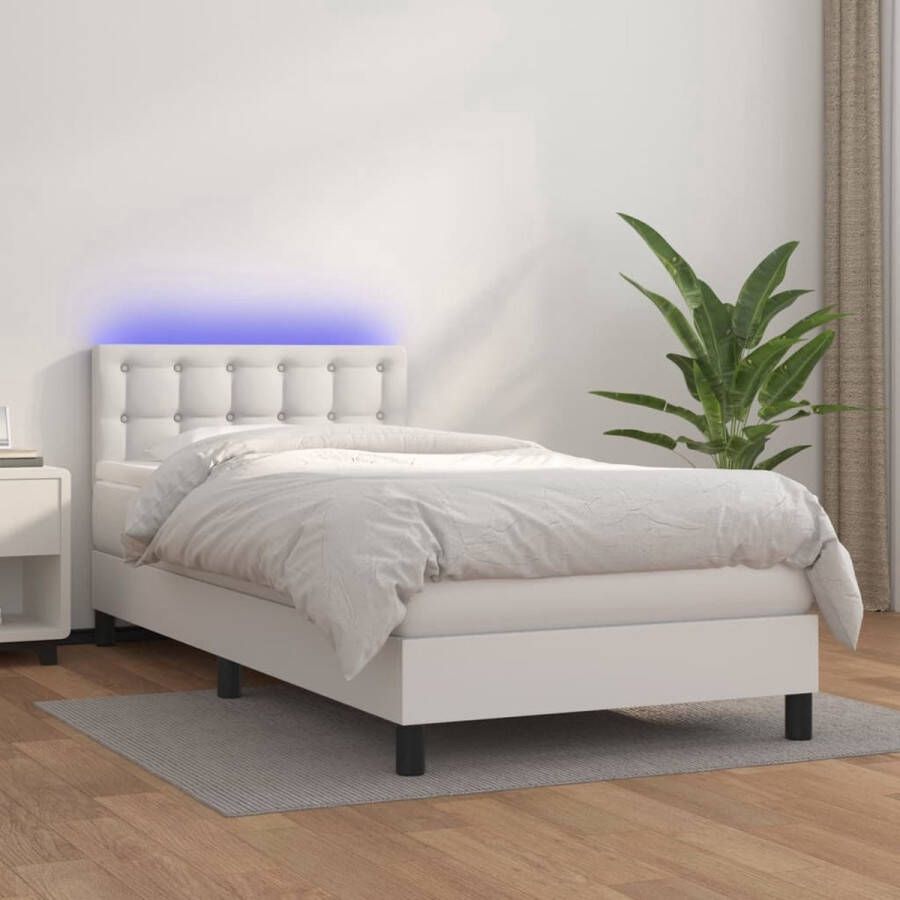 The Living Store Bed Boxspring 203 x 100 cm Duurzaam kunstleer Verstelbaar hoofdbord LED-verlichting Pocketvering matras Huidvriendelijk topmatras Wit