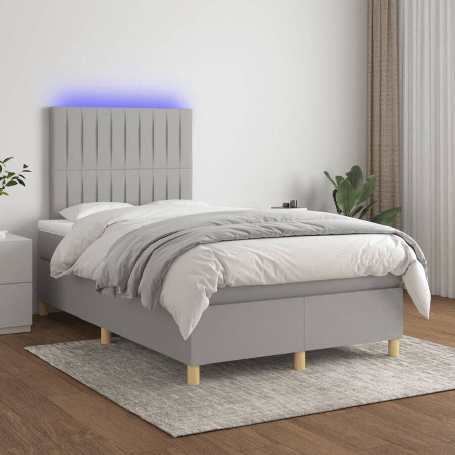 The Living Store Bed Boxspring 203 x 120 x 118 128 cm LED Pocketvering matras Huidvriendelijk topmatras Lichtgrijs Wit