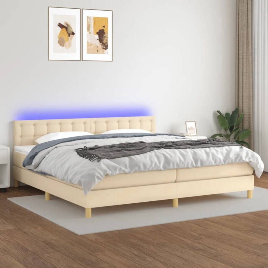 The Living Store Bed Boxspring 203 x 200 x 78 88 cm LED Pocketvering Huidvriendelijk topmatras Crème