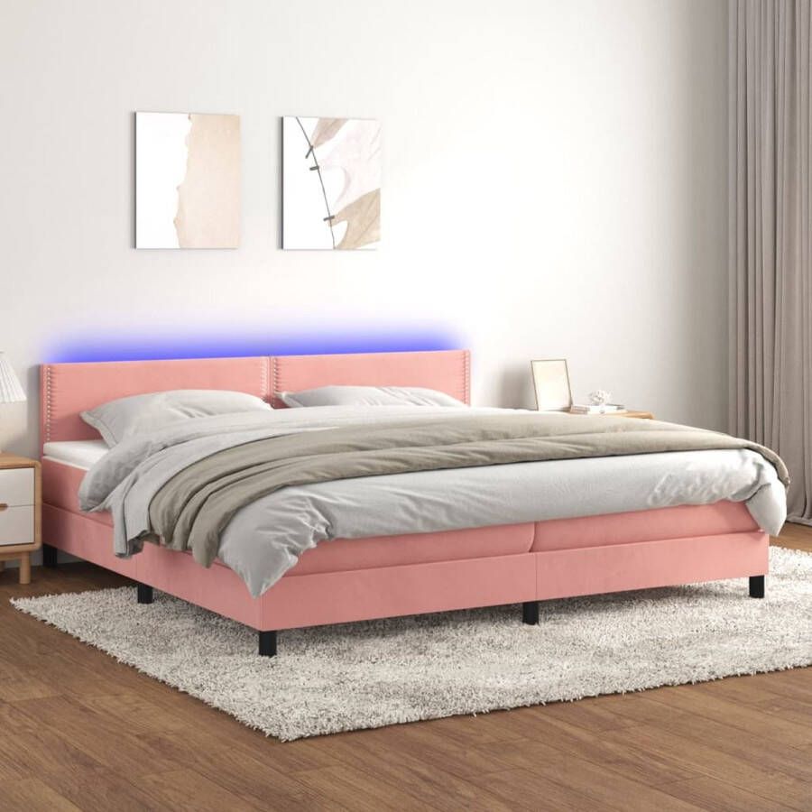 The Living Store Bed Boxspring 203 x 200 x 78 88 cm Roze Fluweel Pocketvering Matras Huidvriendelijk Topmatras Kleurrijke LED-verlichting USB aansluiting