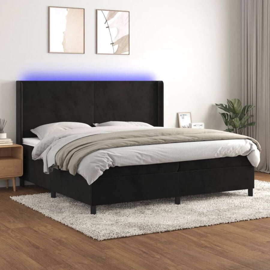 The Living Store Bed Boxspring 203 x 203 cm Zwart fluweel Inclusief LED en matras Boxspring Tweepersoonsbed Velvet Bed Led Bed Slaapcomfort