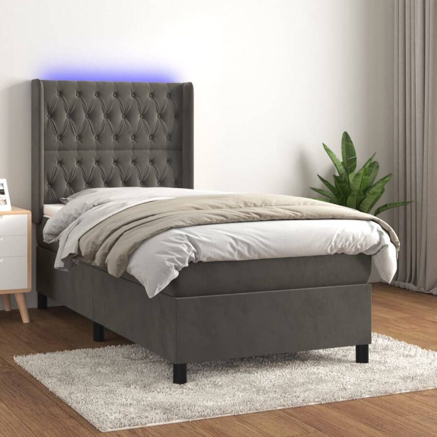 The Living Store Bed Boxspring 203 x 83 x 118 128 cm Donkergrijs Fluweel Inclusief Matras en LED Boxspring Donkere Kleuren Velvet Bed Led Lampen Tweepersoonsbed