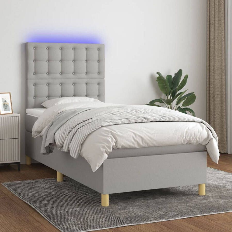 The Living Store Bed Boxspring 203x100x118 128cm LED-licht Pocketvering matras Huidvriendelijk topmatras Lichtgrijs