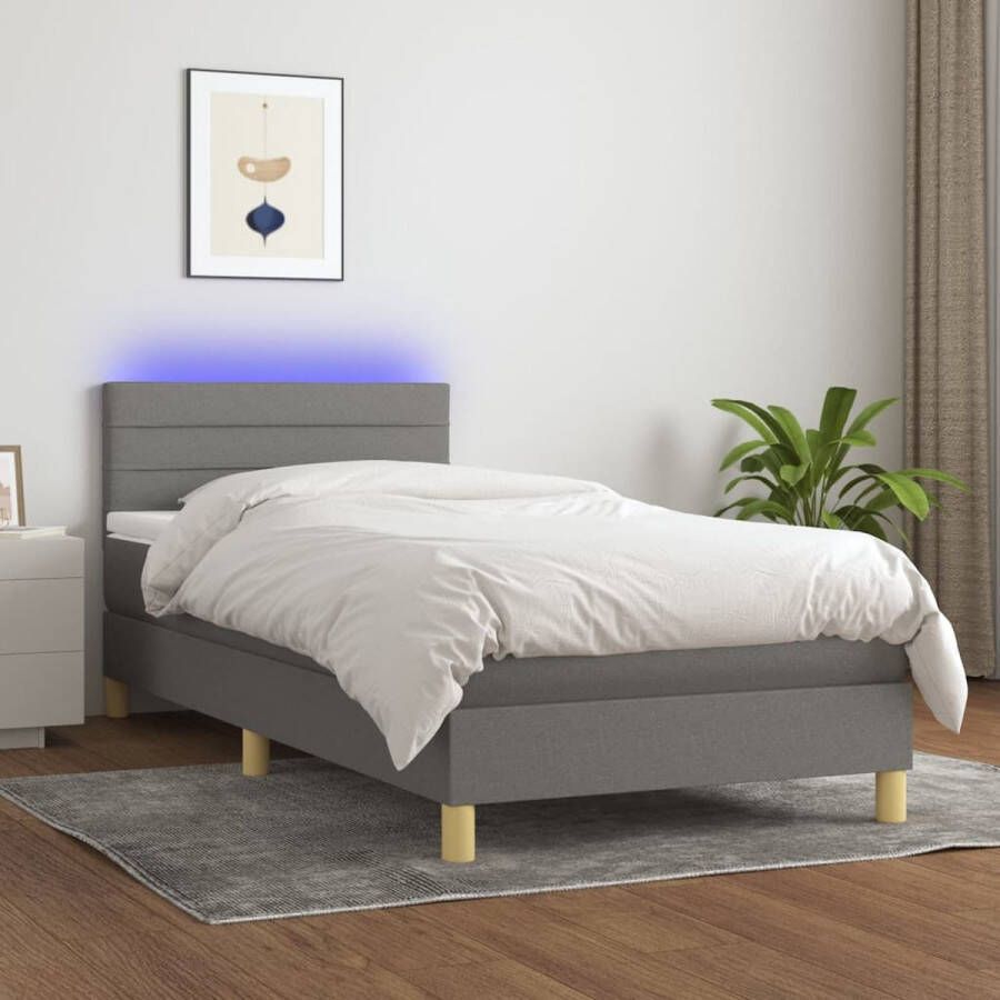 The Living Store Bed boxspring 203x100x78 88 cm Donkergrijs 100% polyester Pocketvering matras LED-verlichting