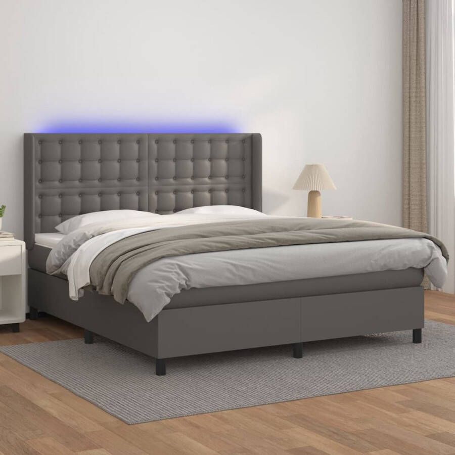 The Living Store Bed Boxspring 203x163x118 128 cm Grijs Kunstleren Bed met LED en Verstelbaar Hoofdbord Pocketvering Matras Huidvriendelijk Topmatras Inclusief 2 LED-strips