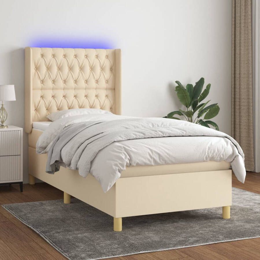 The Living Store Boxspring met matras en LED stof crèmekleurig 90x190 cm Boxspring Led Lamp Slaapcomfort Creme Kleurtje Tweepersoonsbed