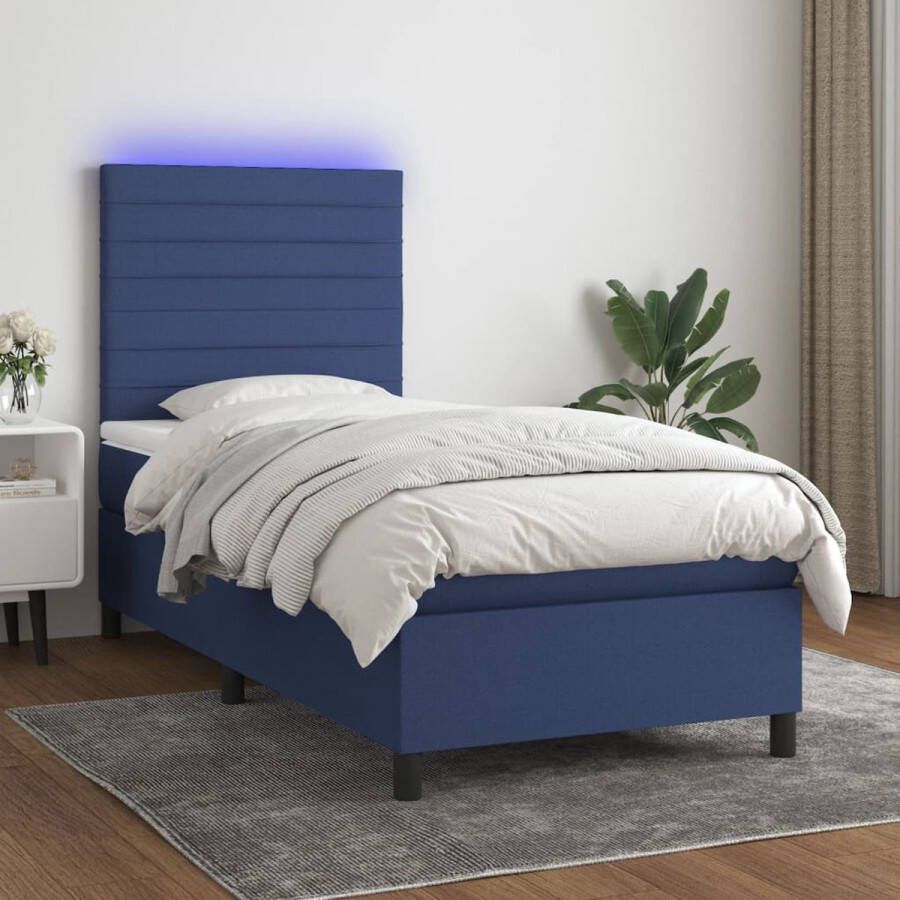 The Living Store Bed Boxspring Blauw 100 x 200 cm LED-verlichting Pocketvering matras Huidvriendelijk topmatras