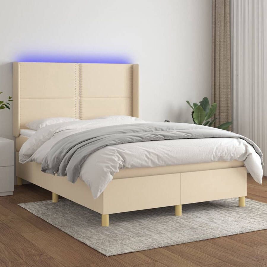 The Living Store Boxspring met matras en LED stof crèmekleurig 140x190 cm Boxspring Bed Frame Led Lamp Creme Kleurig Slaapcomfort