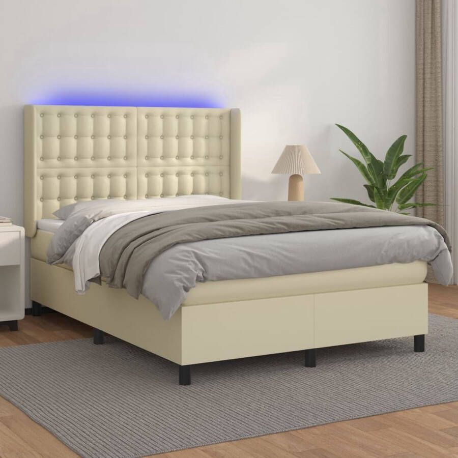 The Living Store Bed Boxspring Crème Kunstleer 140x200cm LED